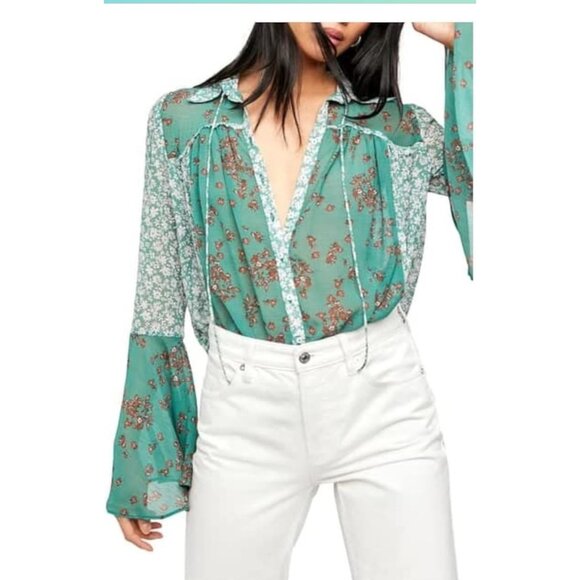 Free People NWT XS Floral Sheer Green Boho Blouse Emerald Combo - Picture 1 of 8
